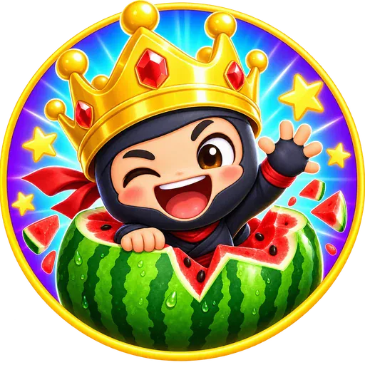 Taçlı, kırmızı atkılı Ninja King karakteri meyvelerin arasında el sallıyor.